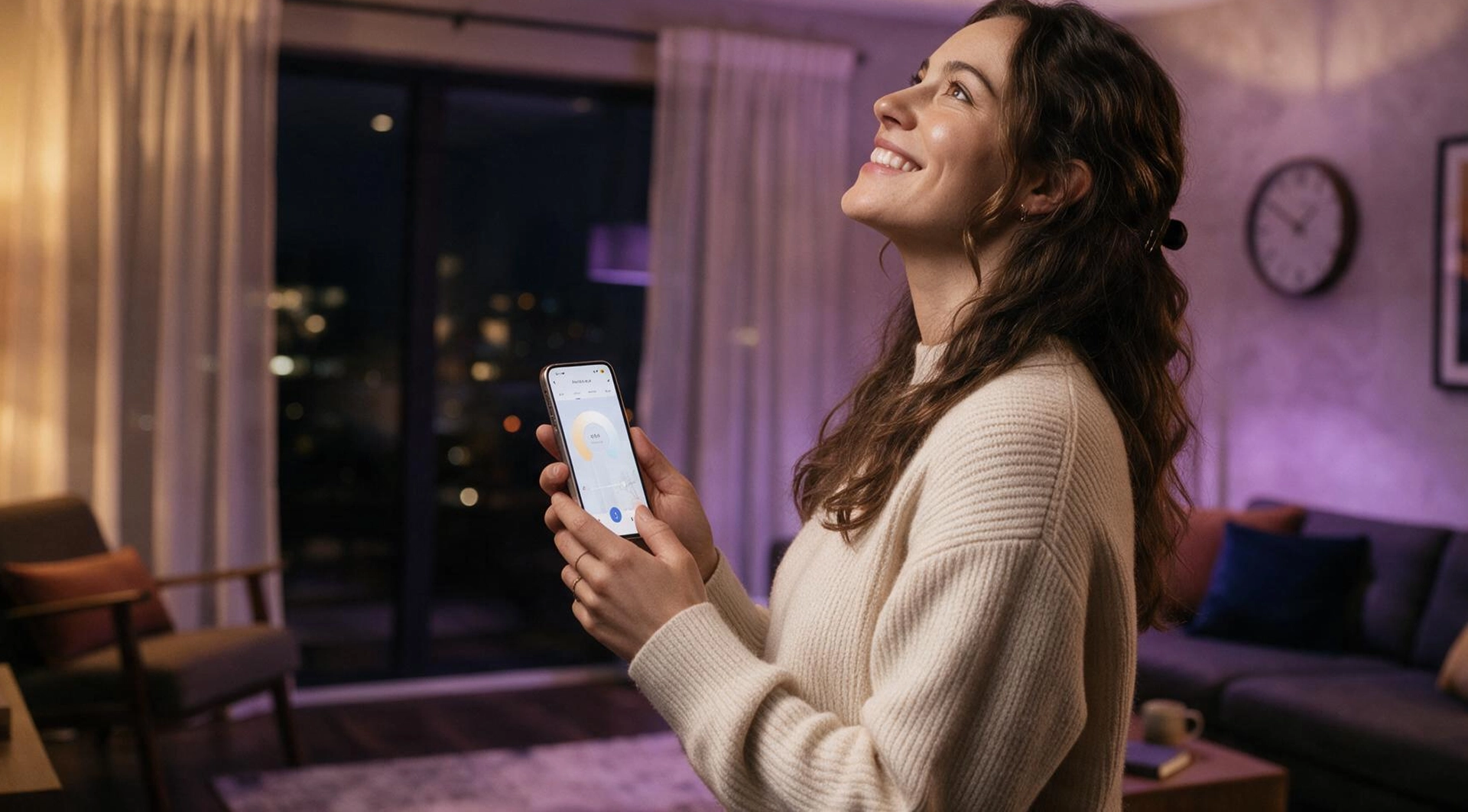 Akıllı ampulü telefonla kontrol eden kadın