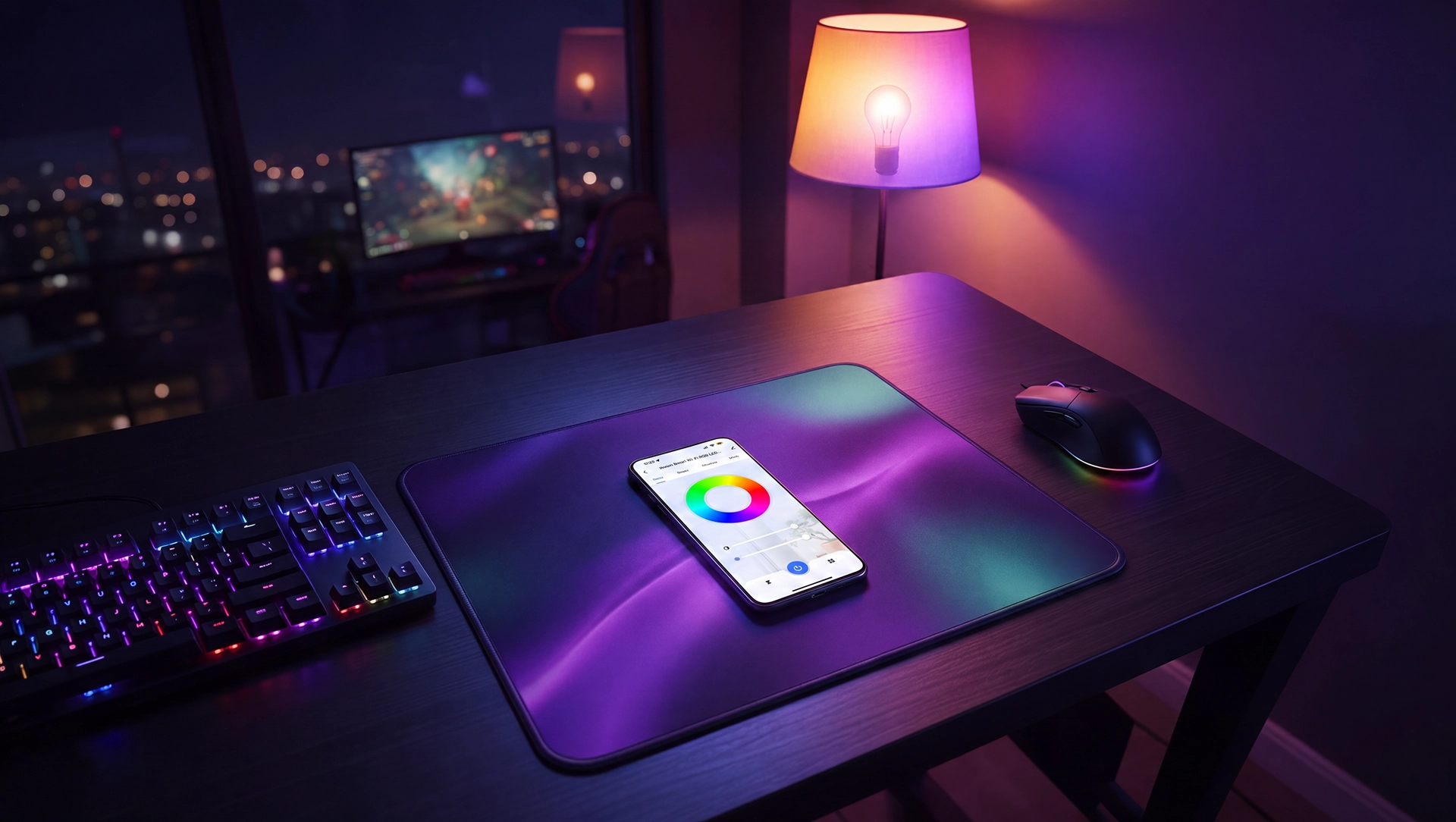 Oyun masasında RGB aydınlatma ile ampul ve mobil uygulama